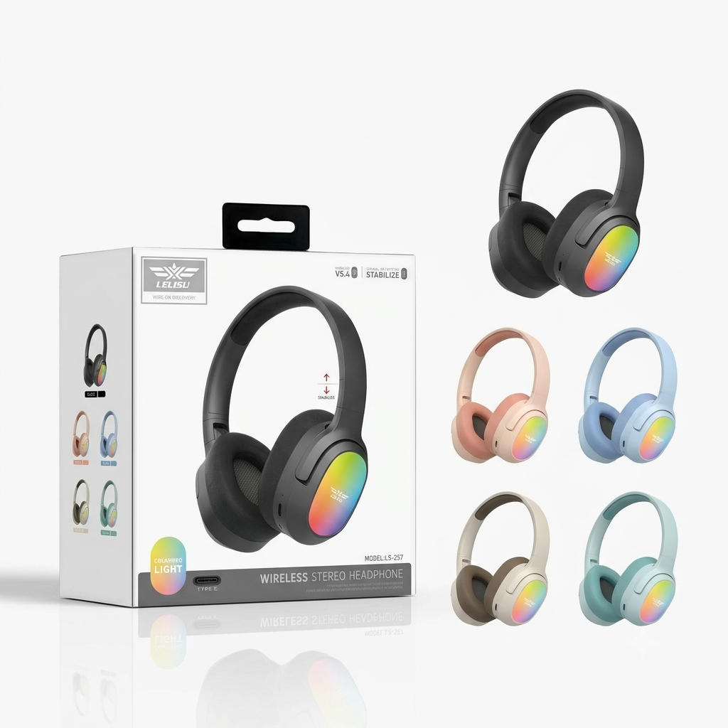 Lelisu LS-257 Wireless Stereo Headphones | Bluetooth 5.4 Over-Ear Headset with Type-C Charging & LED Lights